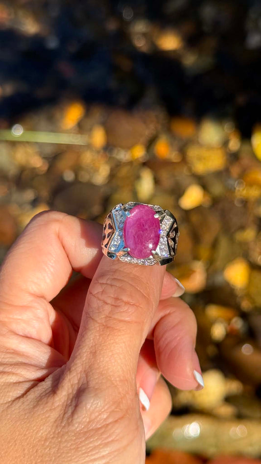 Pink Ruby Cabochon Ring 99.9% Pure Silver